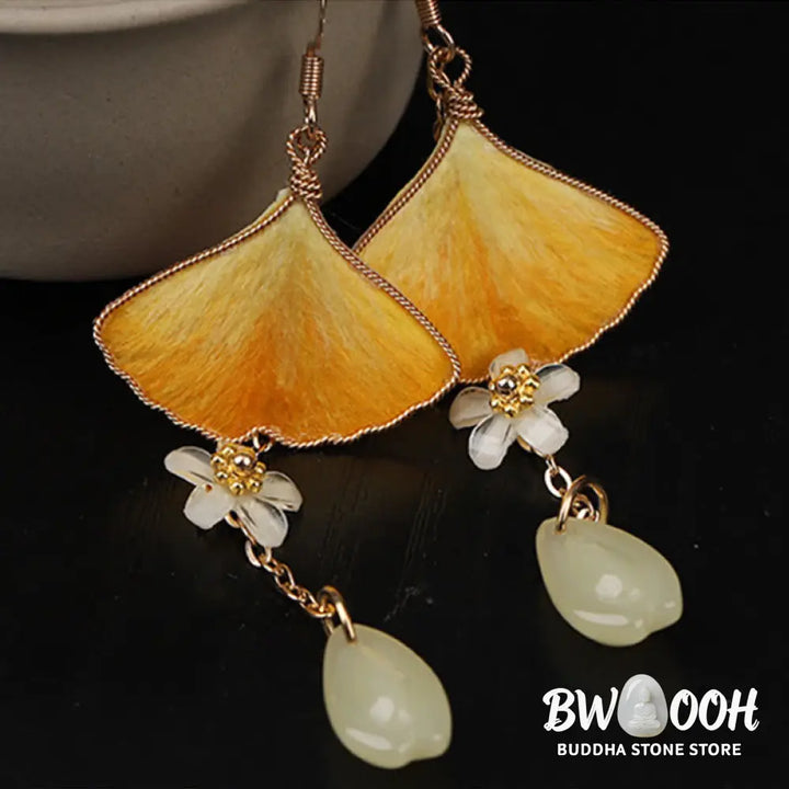 Buddha Stones Handmade Silk Craft Yellow Ginkgo Leaf Copper Hook Good Fortune Dangle Earrings - Earrings