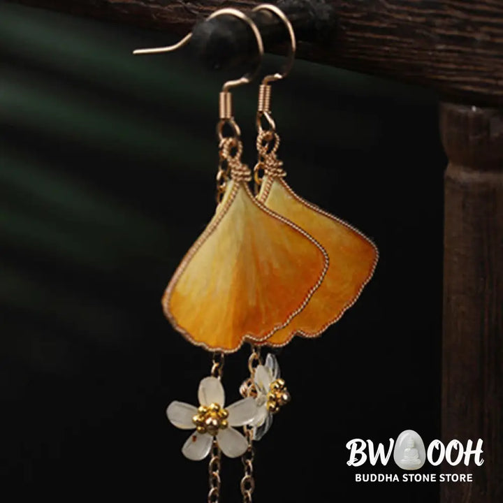 Buddha Stones Handmade Silk Craft Yellow Ginkgo Leaf Copper Hook Good Fortune Dangle Earrings - Earrings