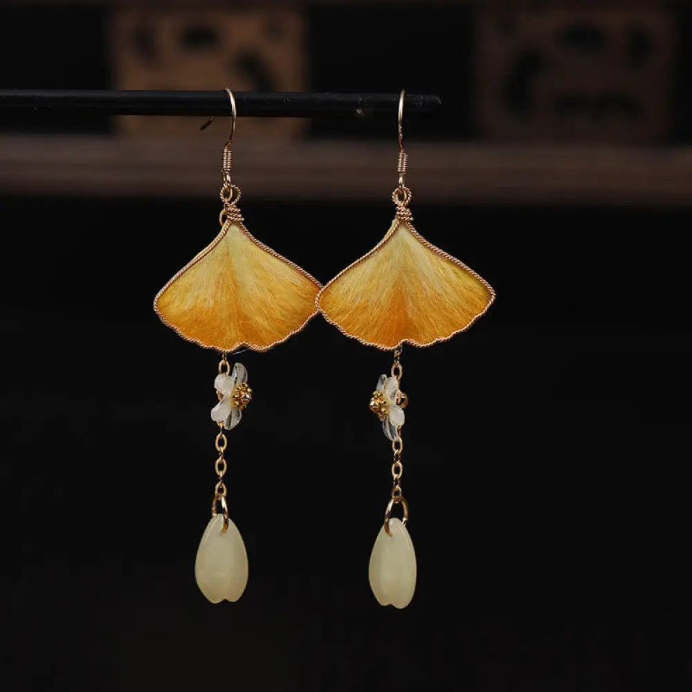 BWOOOH Handmade Silk Craft Yellow Ginkgo Leaf Copper Hook Good Fortune Dangle Earrings — Copper spiritual jewelry for spir...