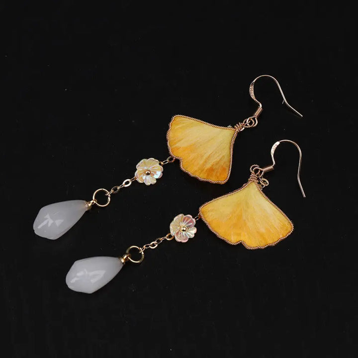 Buddha Stones Handmade Silk Craft Yellow Ginkgo Leaf Copper Hook Good Fortune Dangle Earrings - Ginkgo Leaf&amp;White
