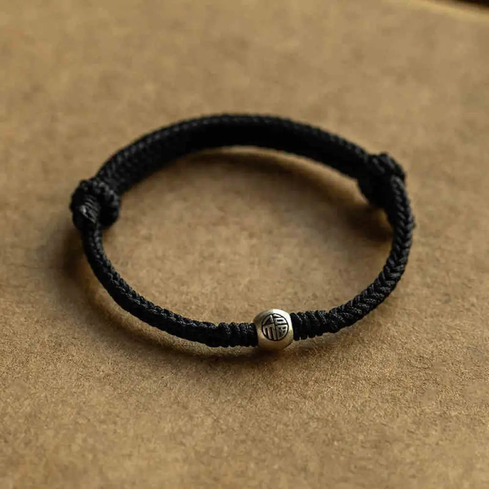 Buddha Stones Handmade String 925 Sterling Silver Fu Bead Braided Fortune Bracelet - BWOOOH - Black String 925 Sterling