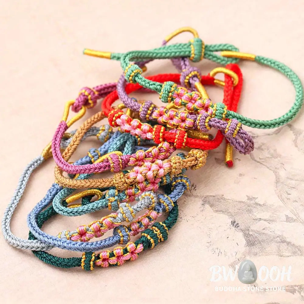 Buddha Stones Handmade Three Peach Blossoms Luck Eight Strands Braided String Bracelet - BWOOOH - Bracelet