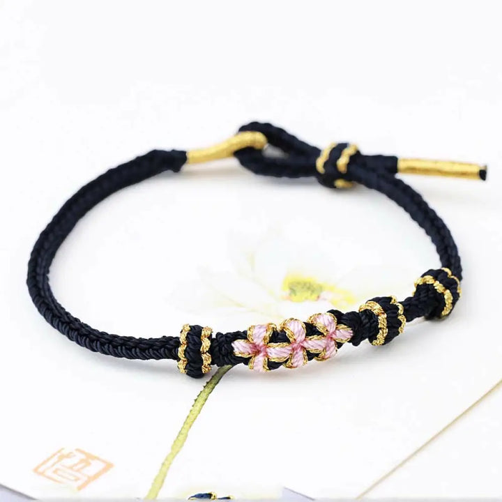 Buddha Stones Handmade Three Peach Blossoms Luck Eight Strands Braided String Bracelet - BWOOOH - Black(Wrist