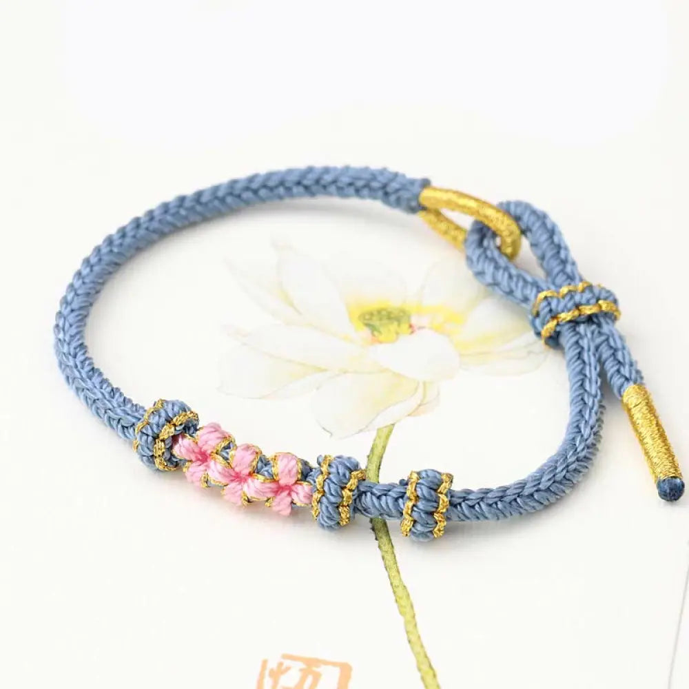 BWOOOH Handmade Three Peach Blossoms Luck Eight Strands Braided String Bracelet - BWOOOH - Blue(Wrist