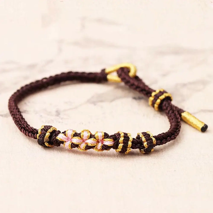 Buddha Stones Handmade Three Peach Blossoms Luck Eight Strands Braided String Bracelet - BWOOOH - Brown(Wrist