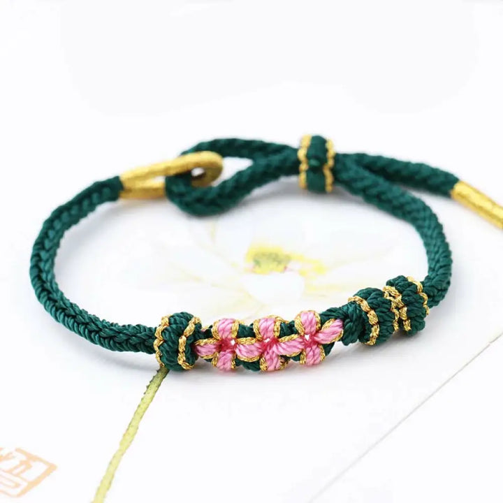 Buddha Stones Handmade Three Peach Blossoms Luck Eight Strands Braided String Bracelet - BWOOOH - Dark Green(Wrist