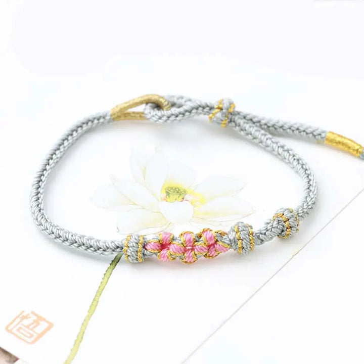 Buddha Stones Handmade Three Peach Blossoms Luck Eight Strands Braided String Bracelet - BWOOOH - Gray(Wrist