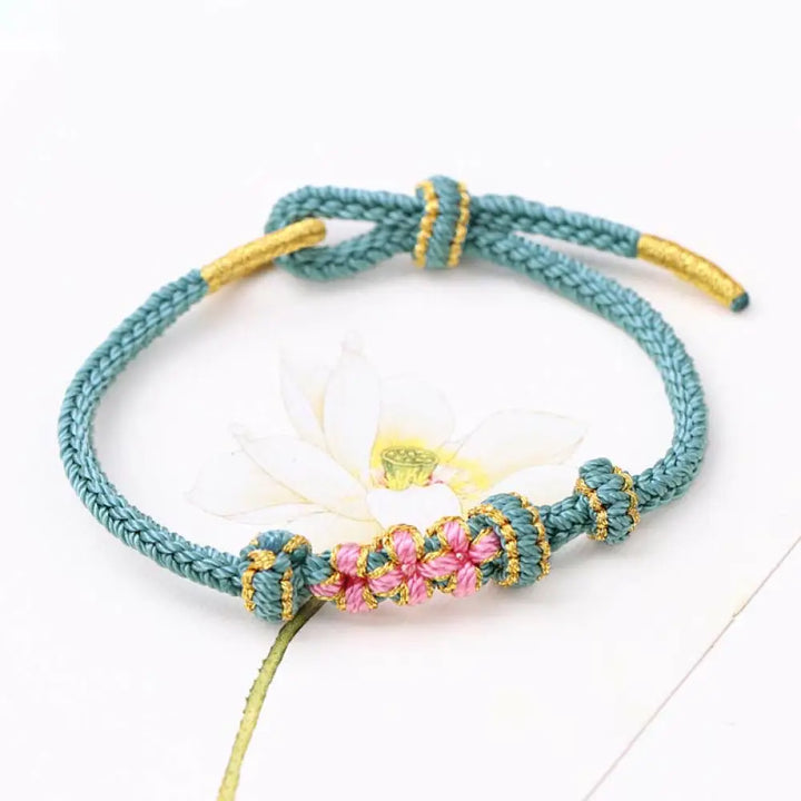 Buddha Stones Handmade Three Peach Blossoms Luck Eight Strands Braided String Bracelet - BWOOOH - Green(Wrist