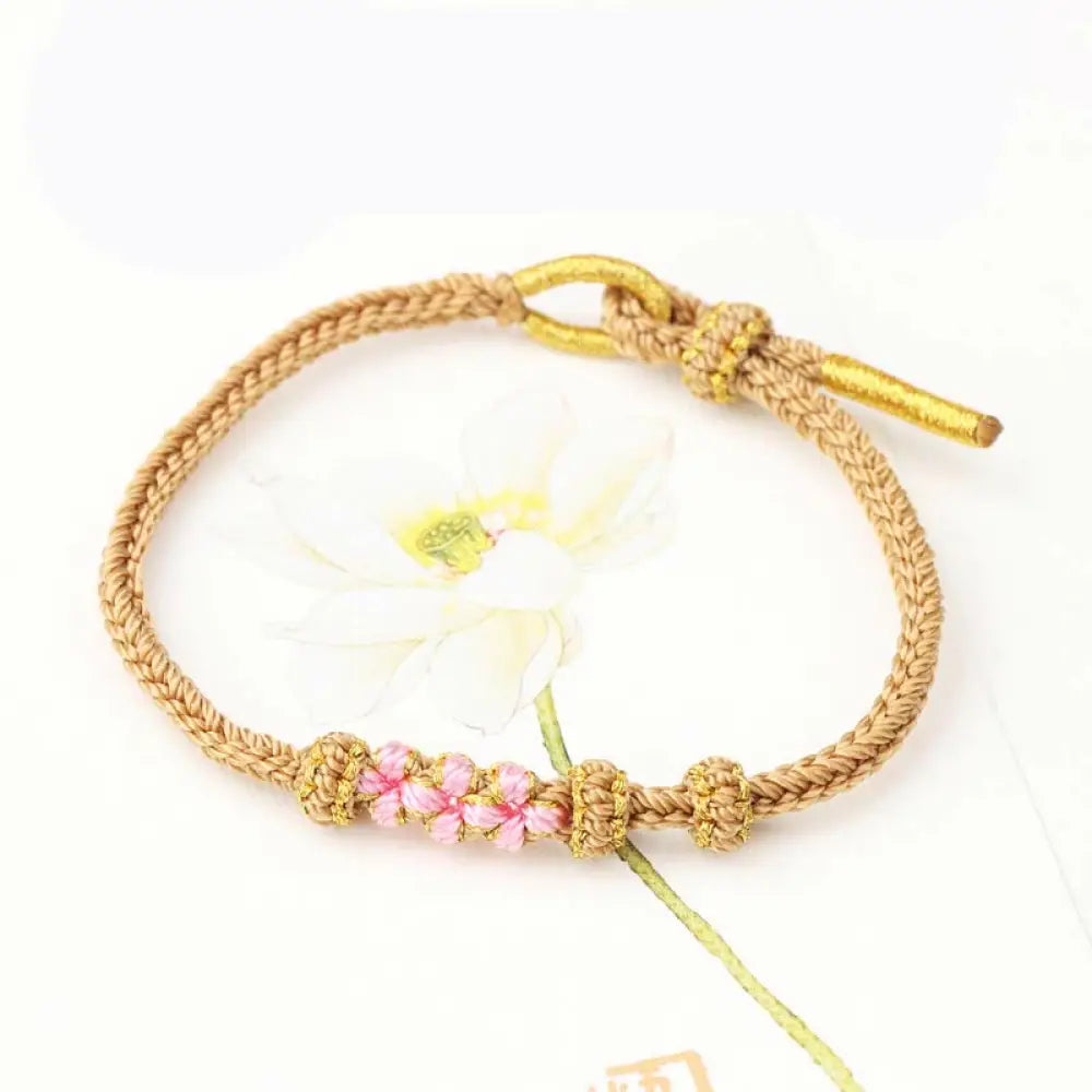 Buddha Stones Handmade Three Peach Blossoms Luck Eight Strands Braided String Bracelet - BWOOOH - Khaki(Wrist