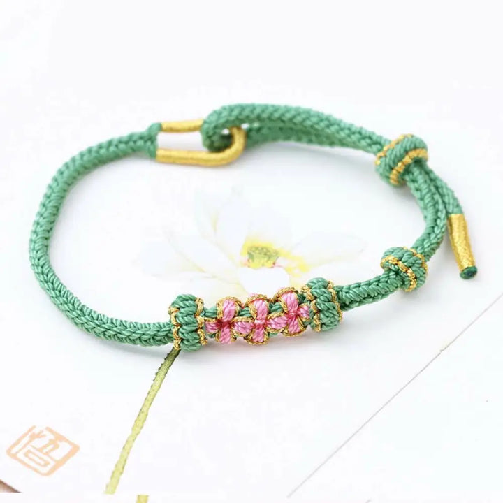 Buddha Stones Handmade Three Peach Blossoms Luck Eight Strands Braided String Bracelet - BWOOOH - Light Green(Wrist
