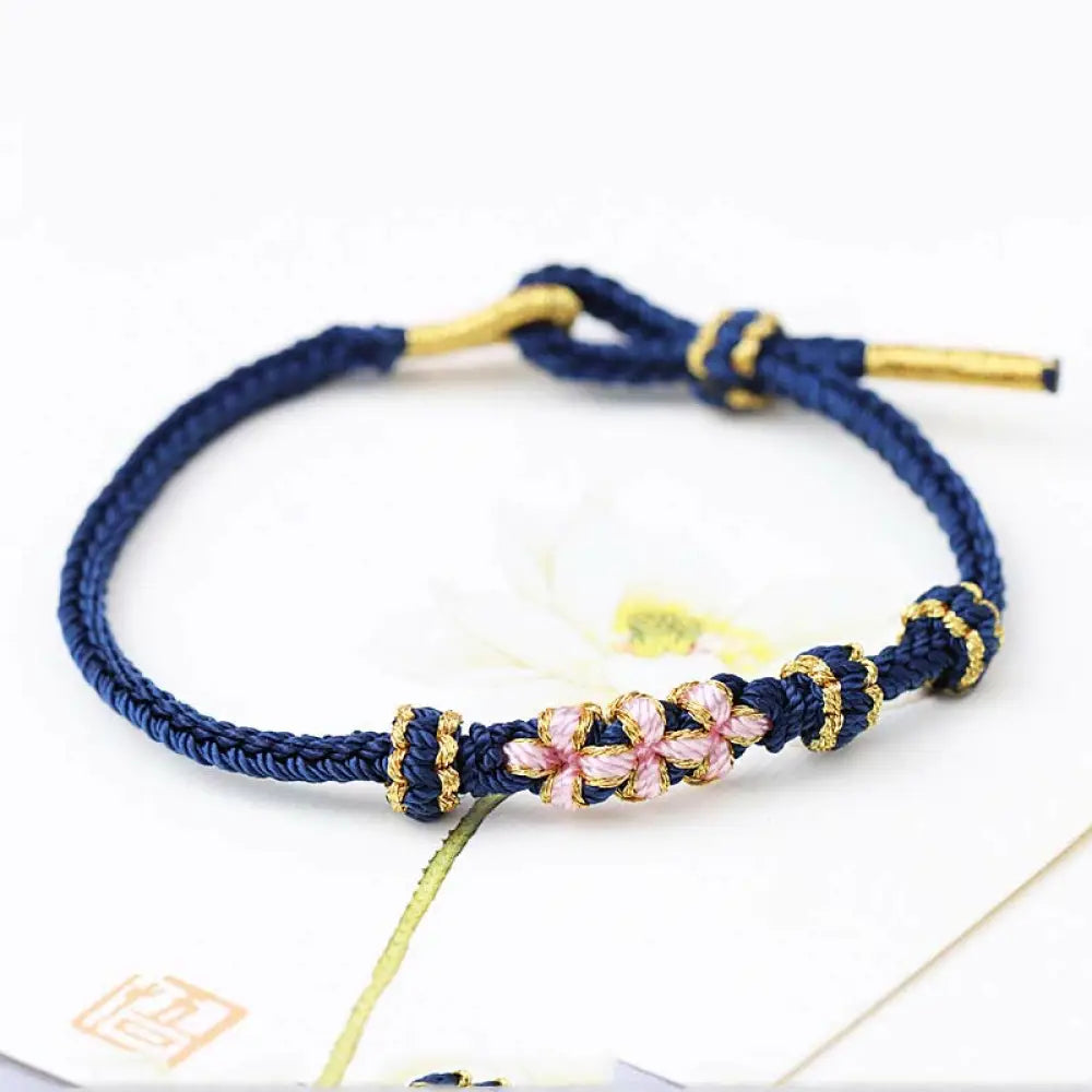Buddha Stones Handmade Three Peach Blossoms Luck Eight Strands Braided String Bracelet - BWOOOH - Navy Blue(Wrist