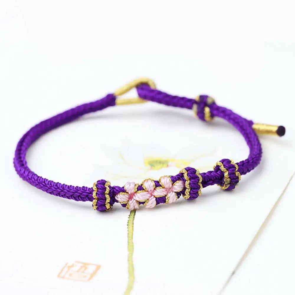Buddha Stones Handmade Three Peach Blossoms Luck Eight Strands Braided String Bracelet - BWOOOH - Purple(Wrist