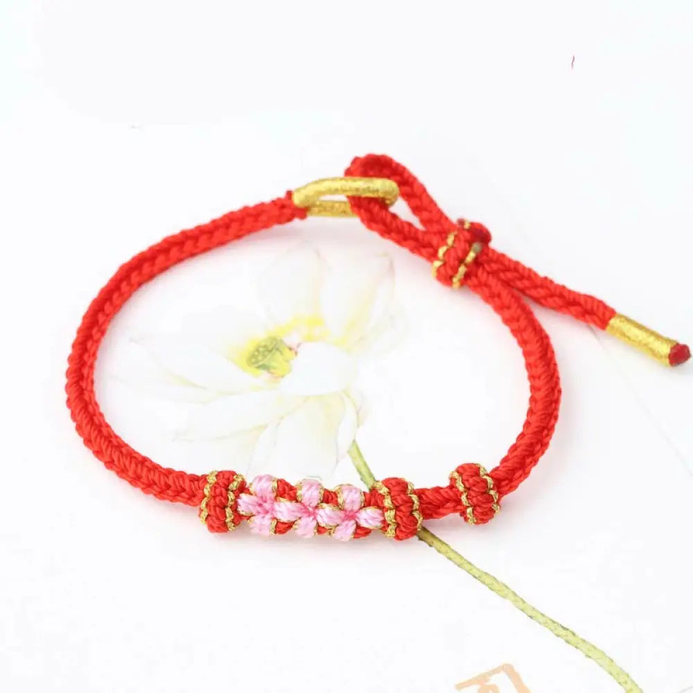 Buddha Stones Handmade Three Peach Blossoms Luck Eight Strands Braided String Bracelet - BWOOOH - Red(Wrist