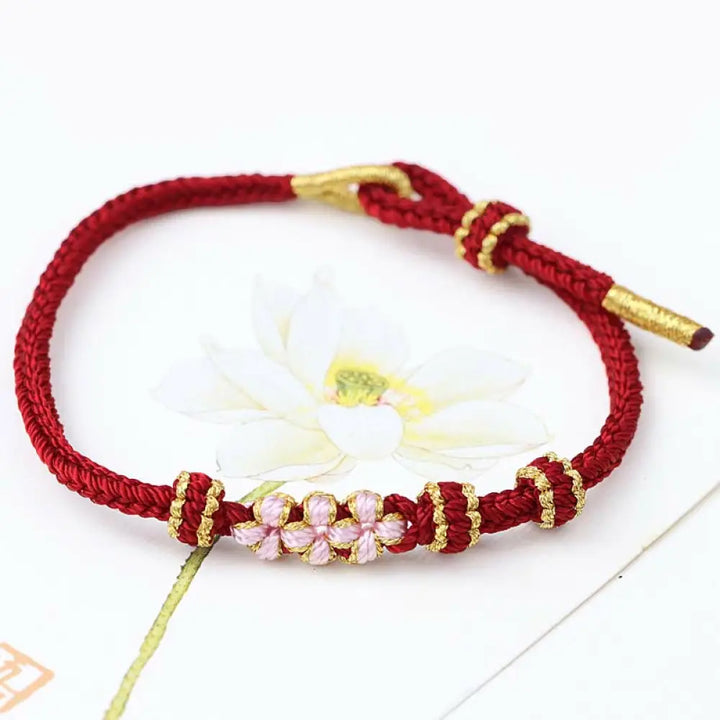 Buddha Stones Handmade Three Peach Blossoms Luck Eight Strands Braided String Bracelet - BWOOOH - Wine Red(Wrist