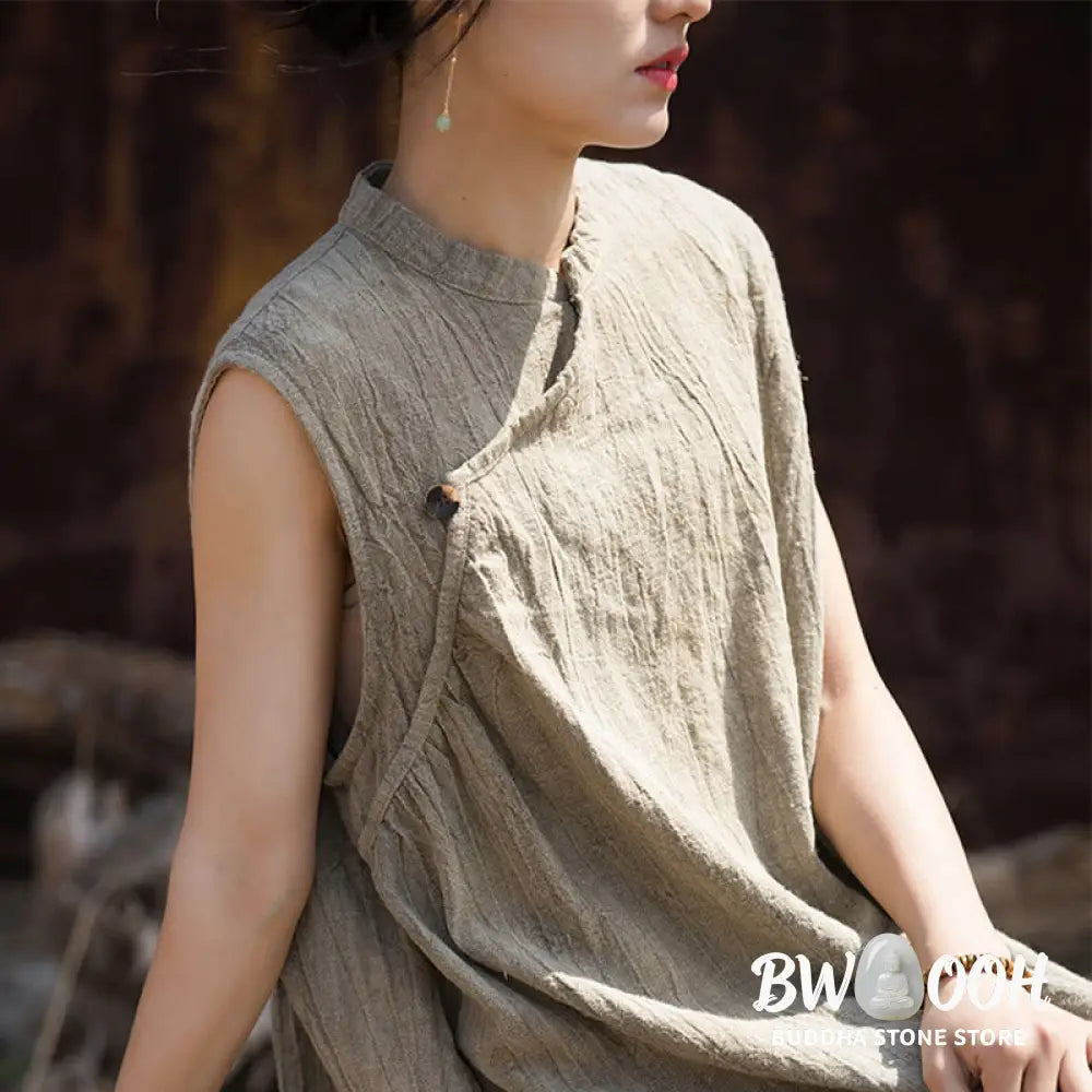 Buddha Stones Handmade Tie Dye Midi Dress Linen Sleeveless Dress - Midi Dress