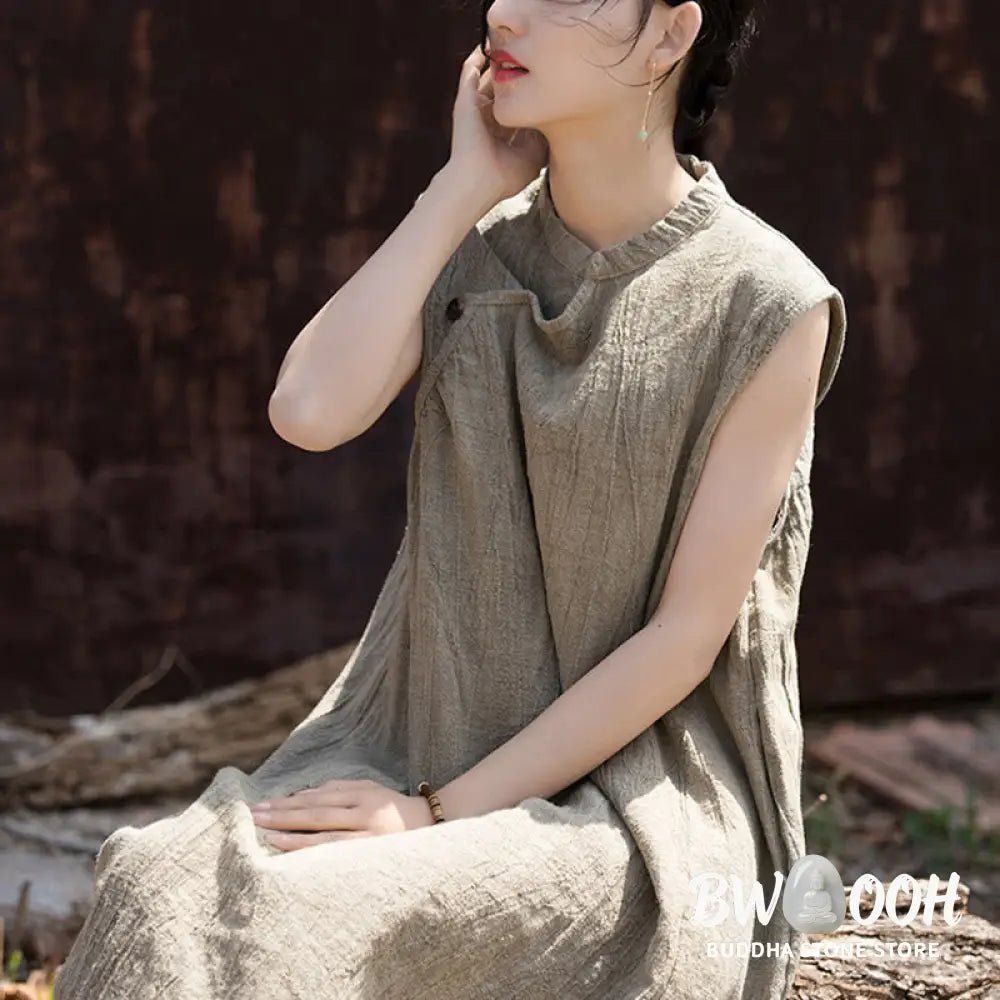 Buddha Stones Handmade Tie Dye Midi Dress Linen Sleeveless Dress - Midi Dress