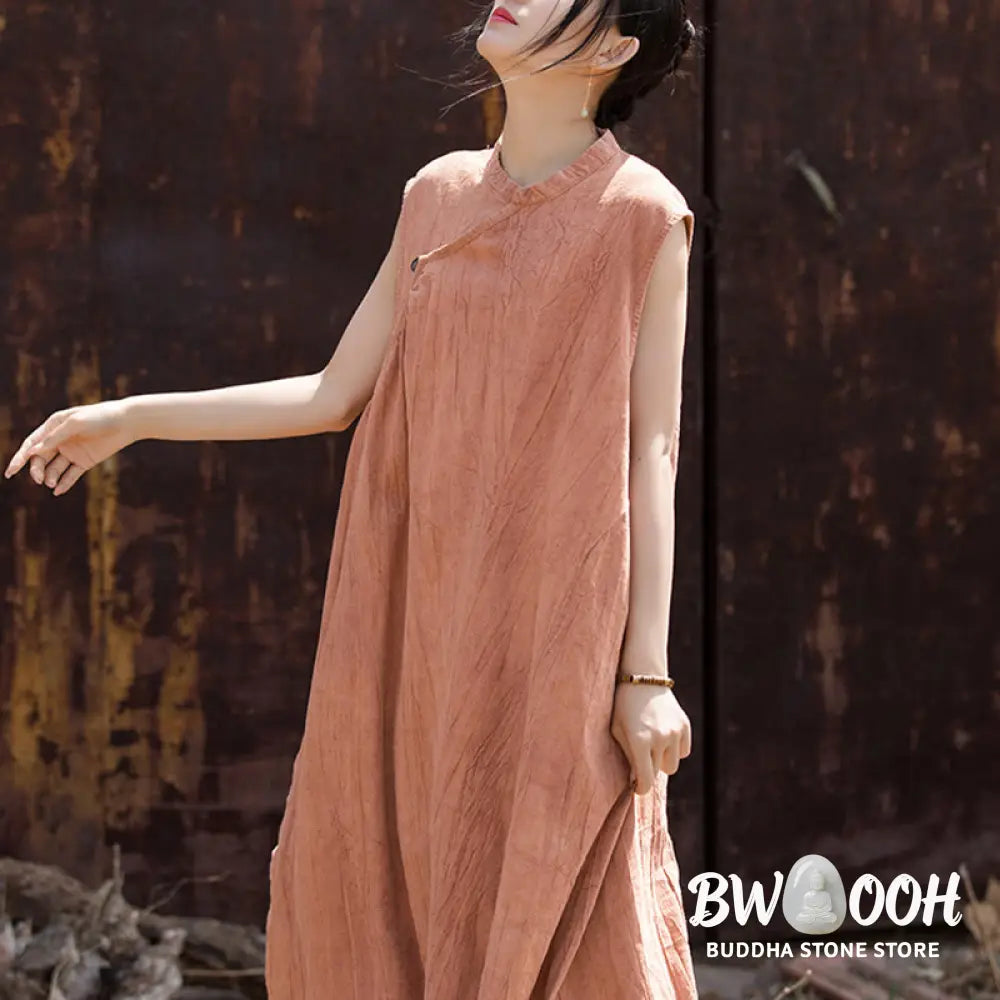 Buddha Stones Handmade Tie Dye Midi Dress Linen Sleeveless Dress - Midi Dress