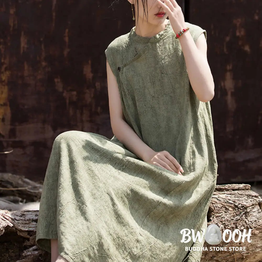 Buddha Stones Handmade Tie Dye Midi Dress Linen Sleeveless Dress - Midi Dress
