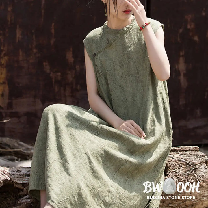 Buddha Stones Handmade Tie Dye Midi Dress Linen Sleeveless Dress - Midi Dress