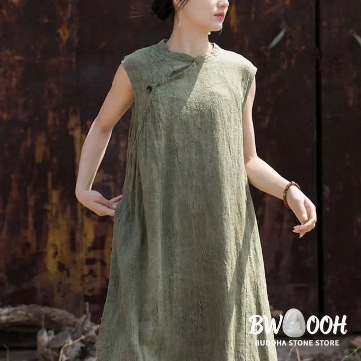 Buddha Stones Handmade Tie Dye Midi Dress Linen Sleeveless Dress - Midi Dress