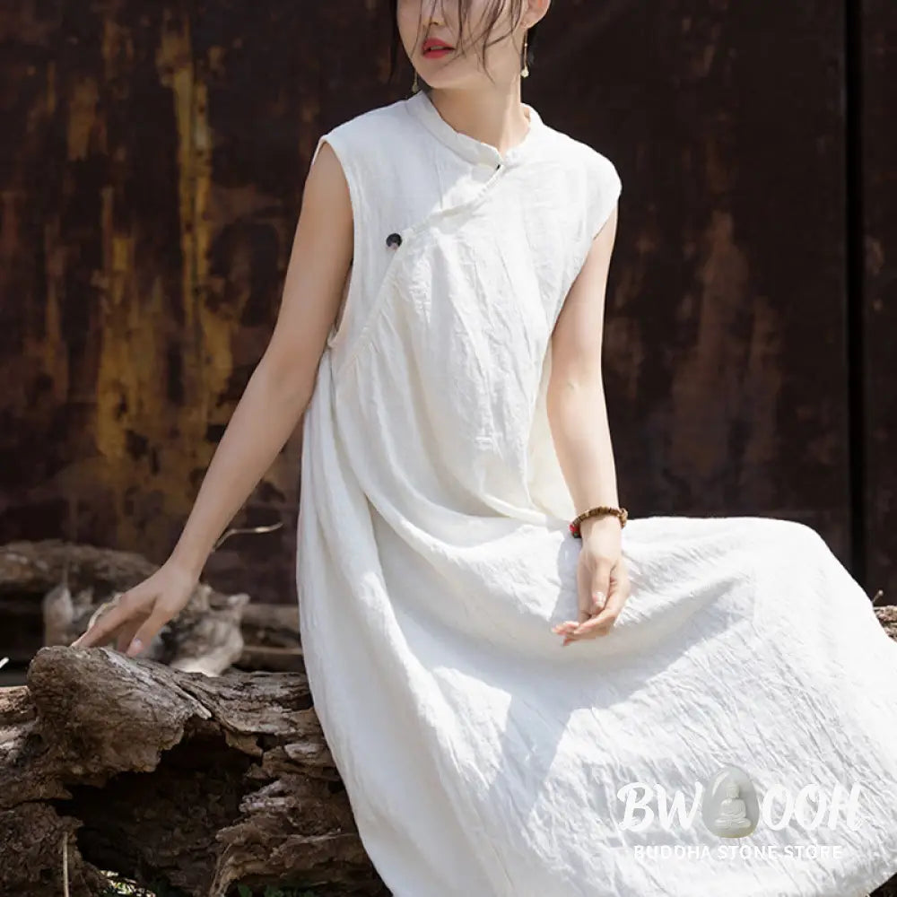 Buddha Stones Handmade Tie Dye Midi Dress Linen Sleeveless Dress - Midi Dress