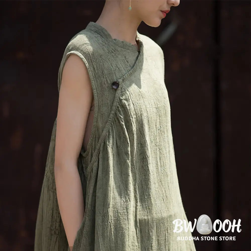Buddha Stones Handmade Tie Dye Midi Dress Linen Sleeveless Dress - Midi Dress