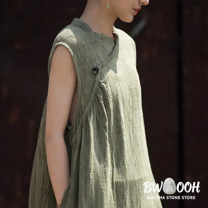 Buddha Stones Handmade Tie Dye Midi Dress Linen Sleeveless Dress - Midi Dress