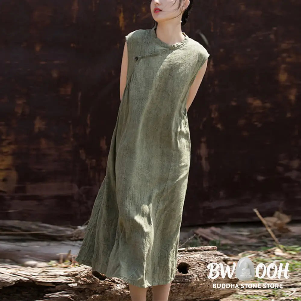 Buddha Stones Handmade Tie Dye Midi Dress Linen Sleeveless Dress - Midi Dress