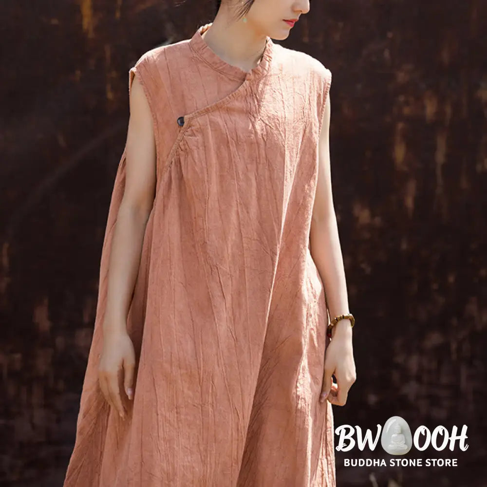 Buddha Stones Handmade Tie Dye Midi Dress Linen Sleeveless Dress - Midi Dress