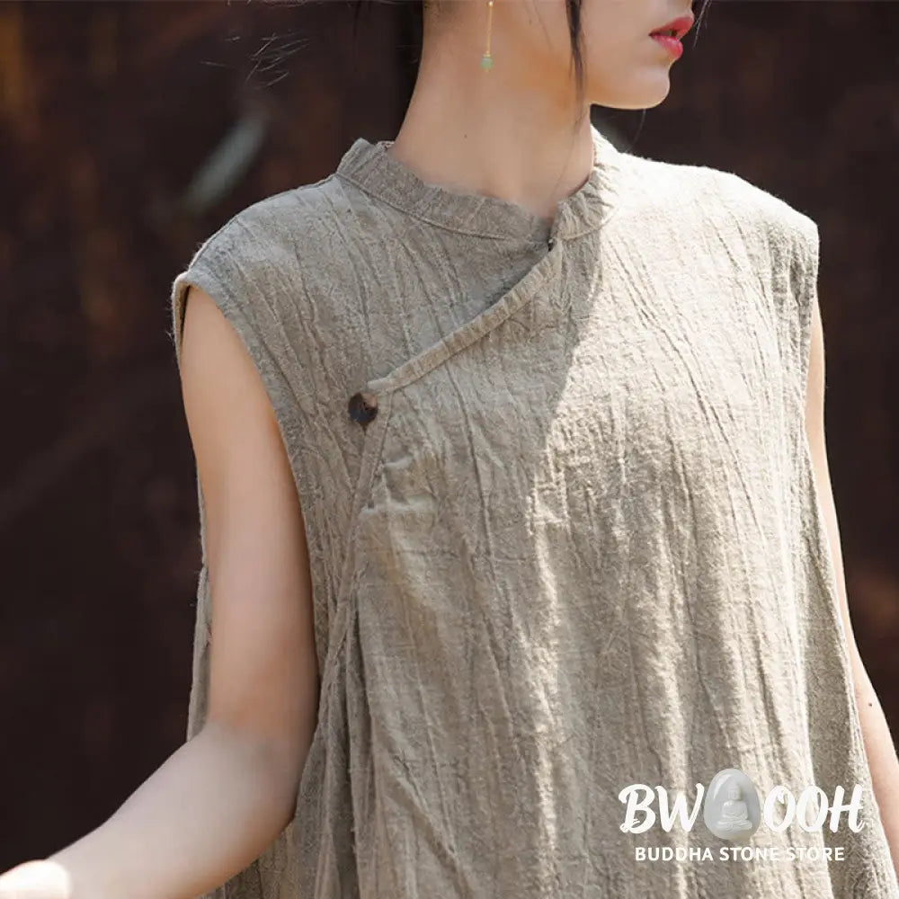Buddha Stones Handmade Tie Dye Midi Dress Linen Sleeveless Dress - Midi Dress