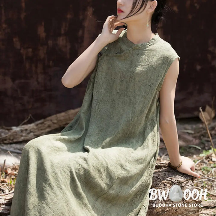 Buddha Stones Handmade Tie Dye Midi Dress Linen Sleeveless Dress - Midi Dress