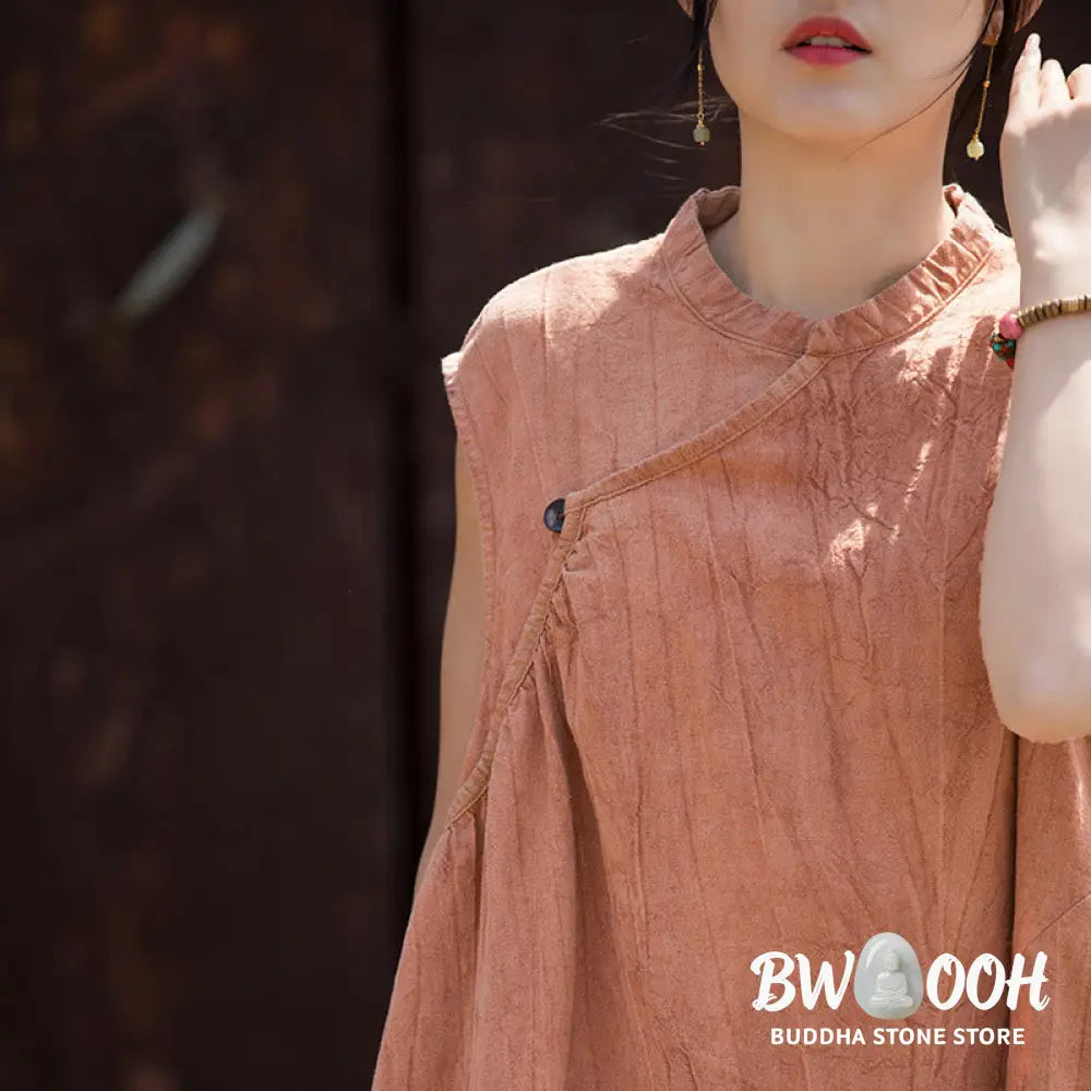 Buddha Stones Handmade Tie Dye Midi Dress Linen Sleeveless Dress - Midi Dress