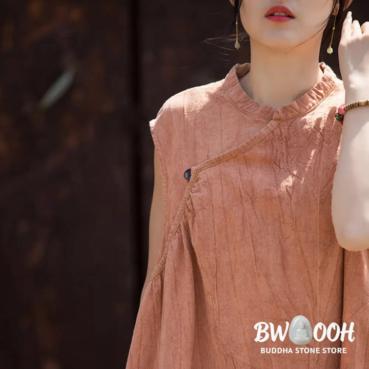 Buddha Stones Handmade Tie Dye Midi Dress Linen Sleeveless Dress - Midi Dress