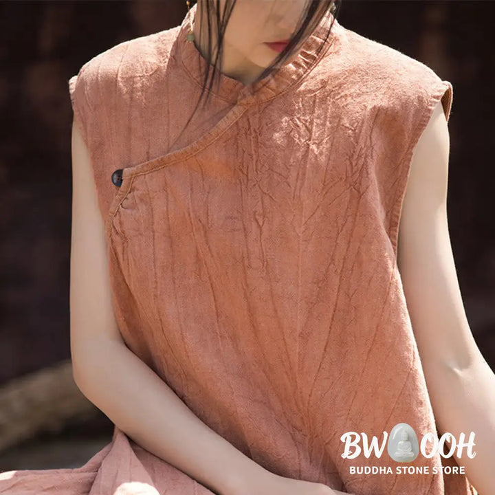 Buddha Stones Handmade Tie Dye Midi Dress Linen Sleeveless Dress - Midi Dress