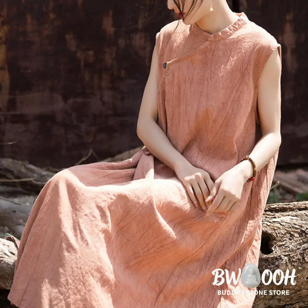 Buddha Stones Handmade Tie Dye Midi Dress Linen Sleeveless Dress - Midi Dress