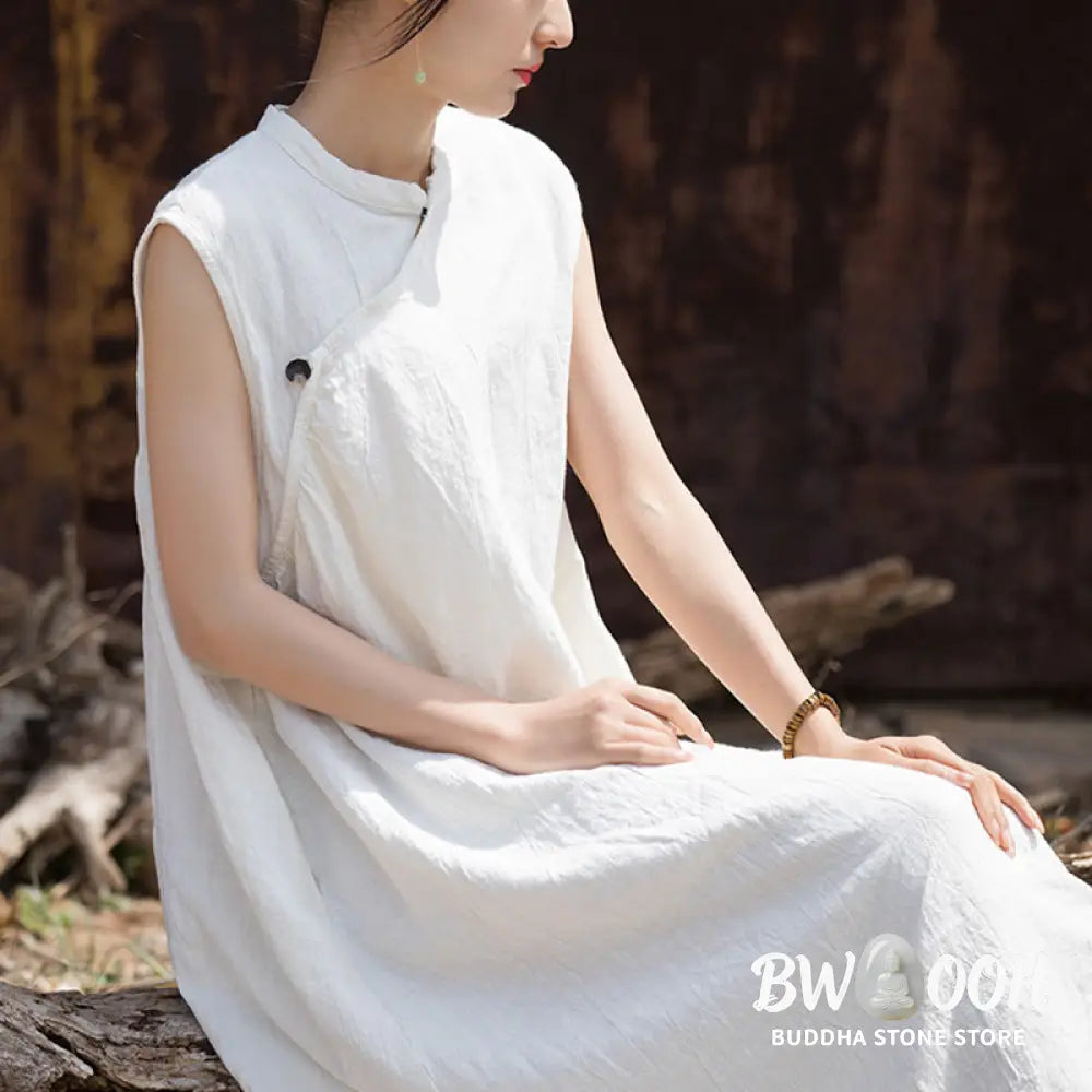 Buddha Stones Handmade Tie Dye Midi Dress Linen Sleeveless Dress - Midi Dress