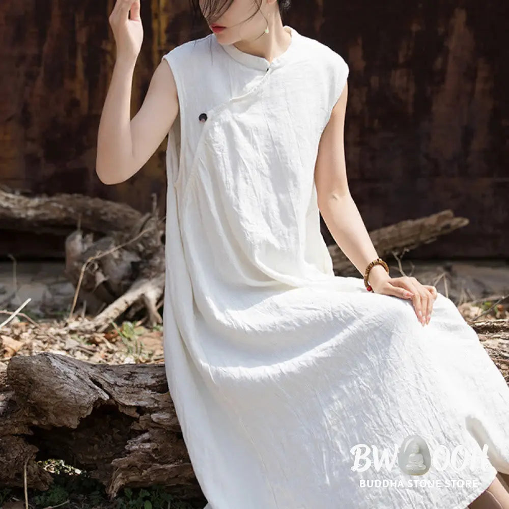 Buddha Stones Handmade Tie Dye Midi Dress Linen Sleeveless Dress - Midi Dress