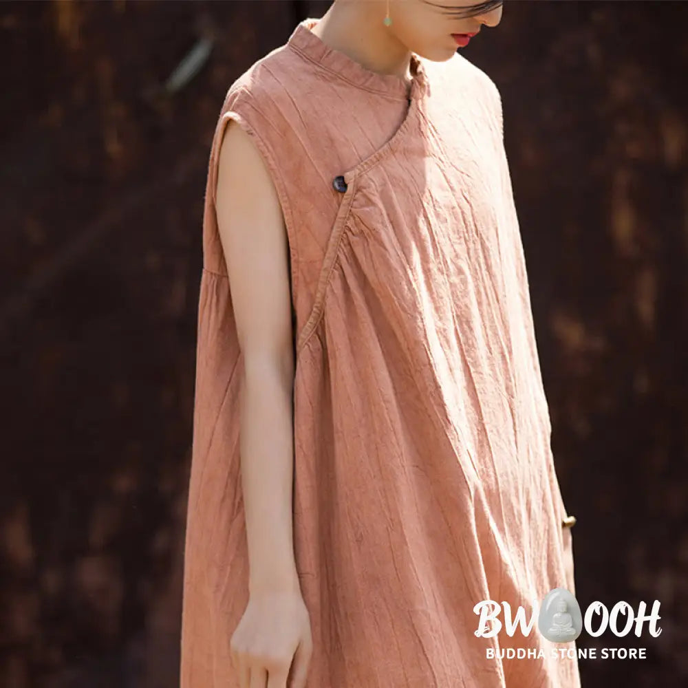 Buddha Stones Handmade Tie Dye Midi Dress Linen Sleeveless Dress - Midi Dress