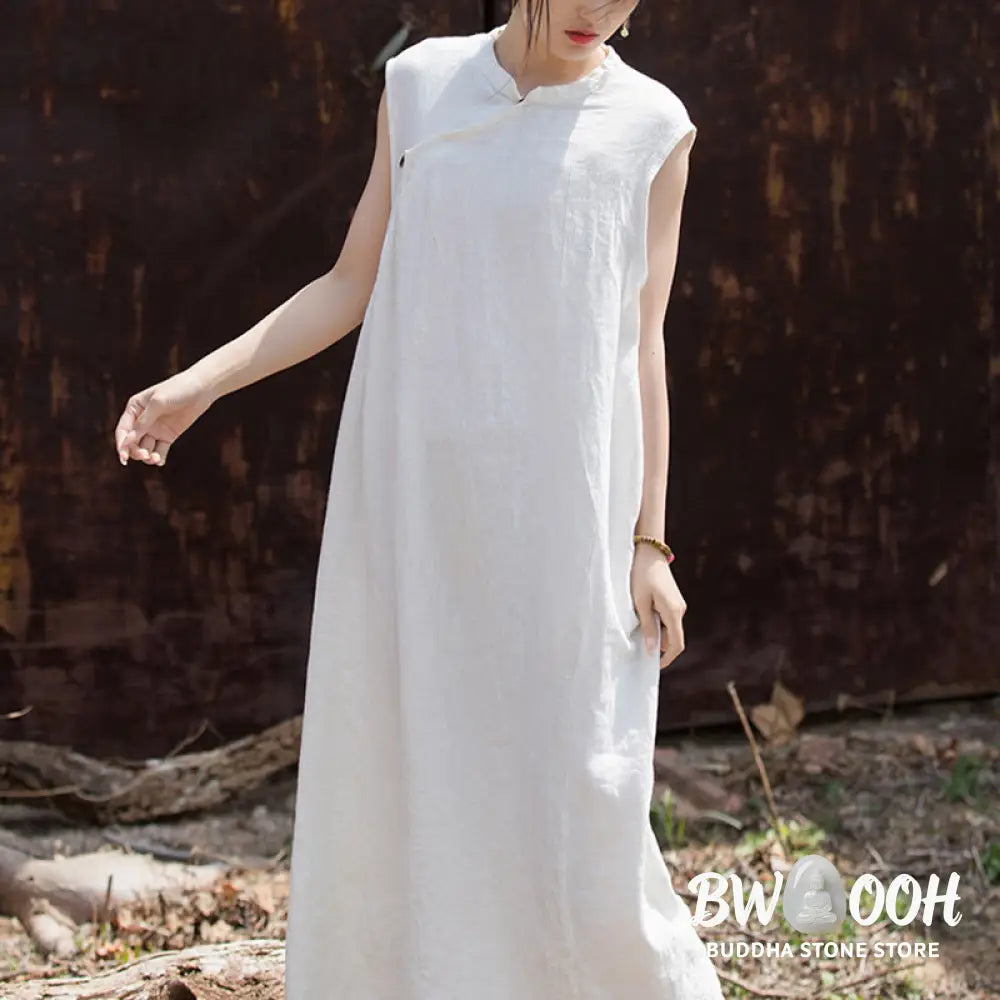 Buddha Stones Handmade Tie Dye Midi Dress Linen Sleeveless Dress - Midi Dress