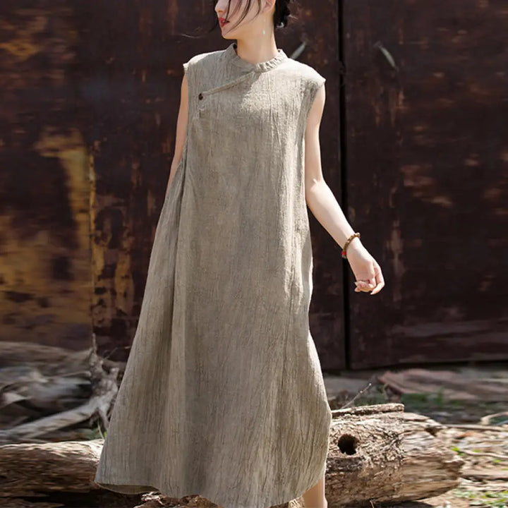 Buddha Stones Handmade Tie Dye Midi Dress Linen Sleeveless Dress - Beige(Bust 116cm/Shoulder 39cm/Length 115cm)(Dress