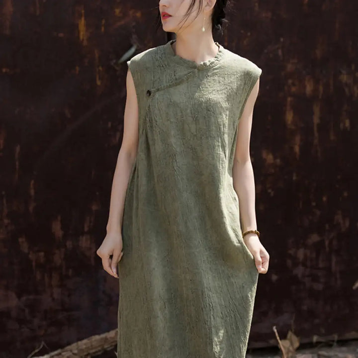 Buddha Stones Handmade Tie Dye Midi Dress Linen Sleeveless Dress - Green(Bust 116cm/Shoulder 39cm/Length 115cm)(Dress