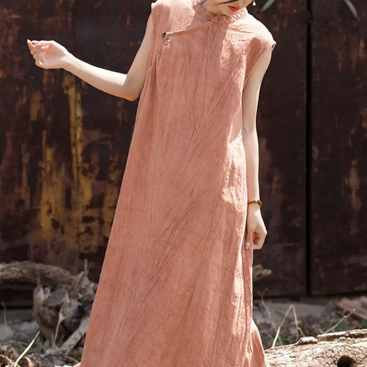 BWOOOH Handmade Tie Dye Midi Dress Linen Sleeveless Dress