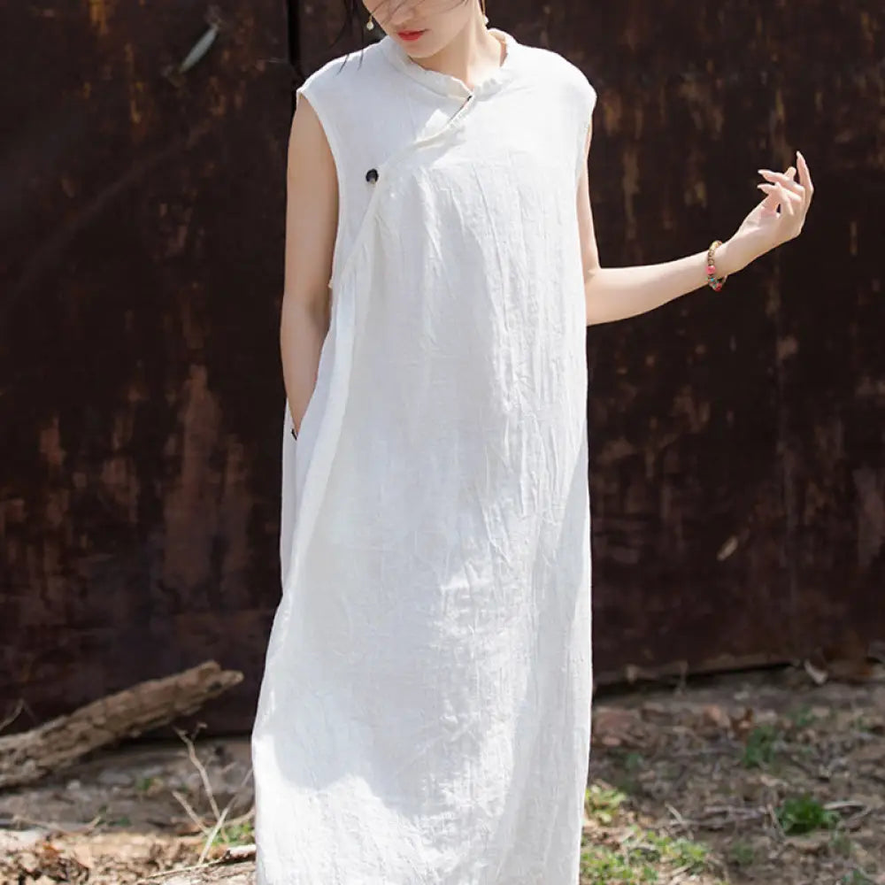 Buddha Stones Handmade Tie Dye Midi Dress Linen Sleeveless Dress - White(Bust 116cm/Shoulder 39cm/Length 115cm)(Dress