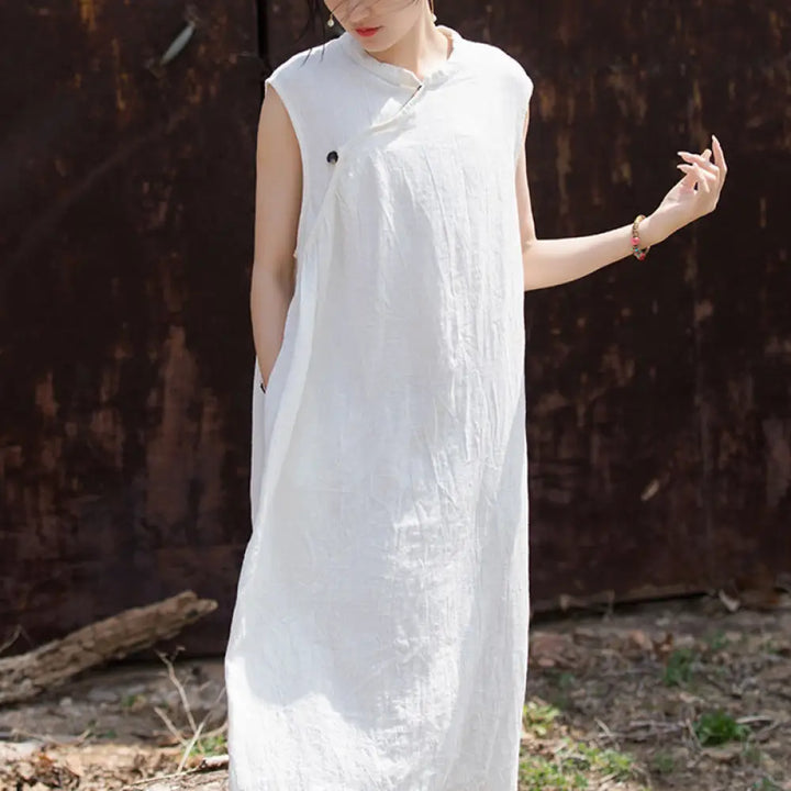 Buddha Stones Handmade Tie Dye Midi Dress Linen Sleeveless Dress - White(Bust 116cm/Shoulder 39cm/Length 115cm)(Dress