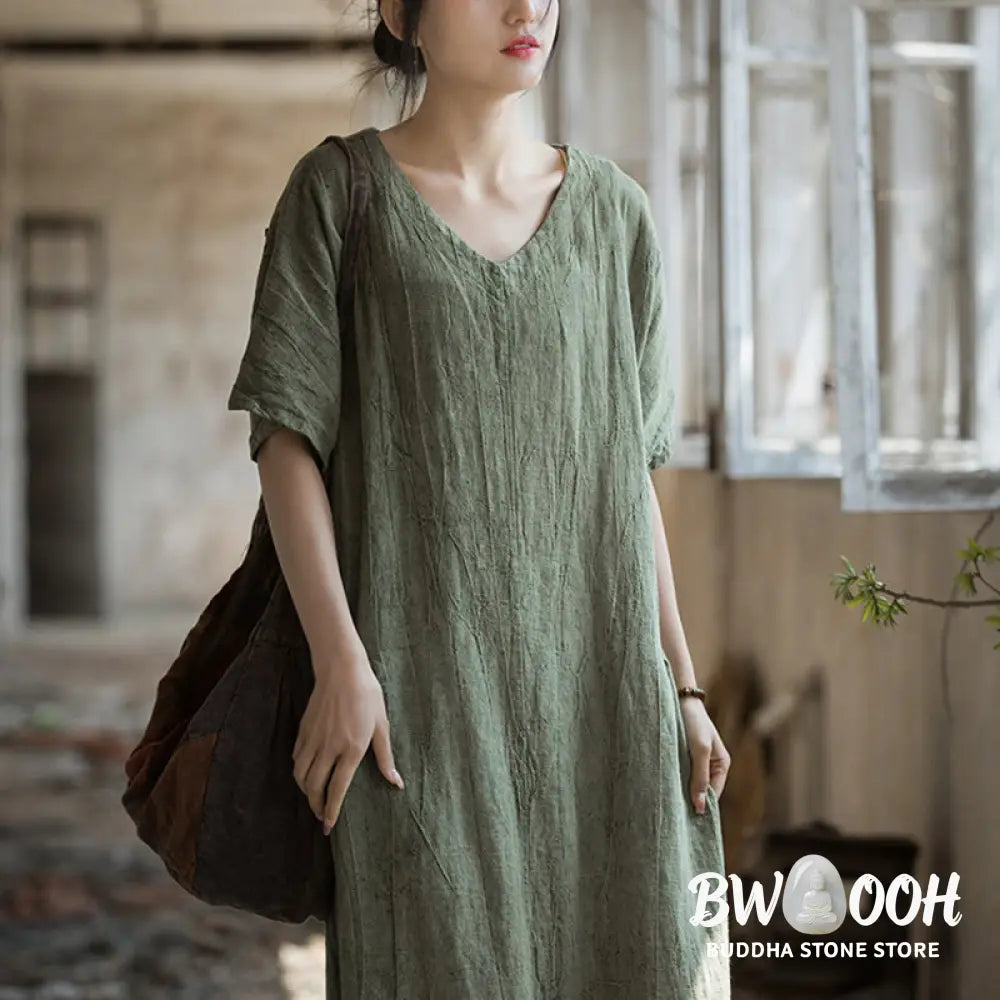 Buddha Stones Handmade Tie Dye V-Neck Midi Dress Linen Short Sleeve Dress - Midi Dress