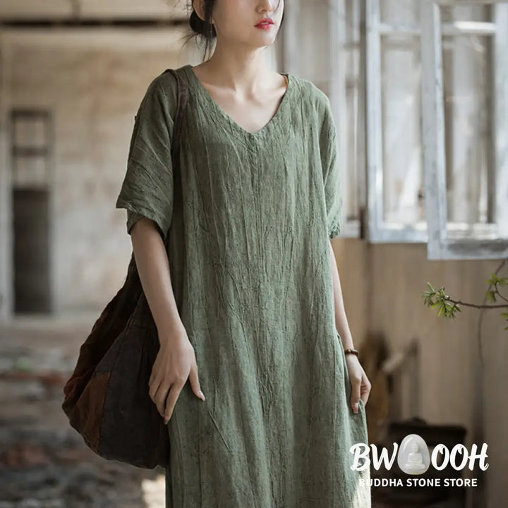 Buddha Stones Handmade Tie Dye V-Neck Midi Dress Linen Short Sleeve Dress - Midi Dress
