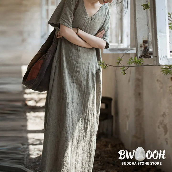 Buddha Stones Handmade Tie Dye V-Neck Midi Dress Linen Short Sleeve Dress - Midi Dress