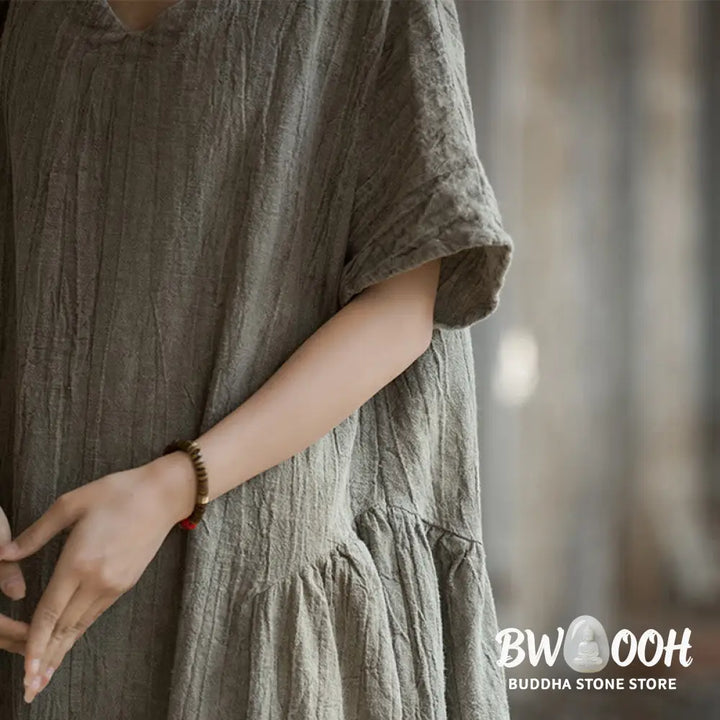 Buddha Stones Handmade Tie Dye V-Neck Midi Dress Linen Short Sleeve Dress - Midi Dress