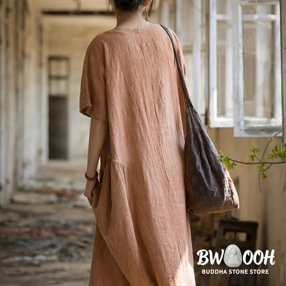 Buddha Stones Handmade Tie Dye V-Neck Midi Dress Linen Short Sleeve Dress - Midi Dress