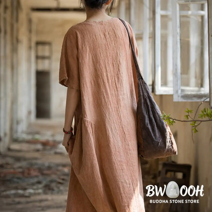 Buddha Stones Handmade Tie Dye V-Neck Midi Dress Linen Short Sleeve Dress - Midi Dress